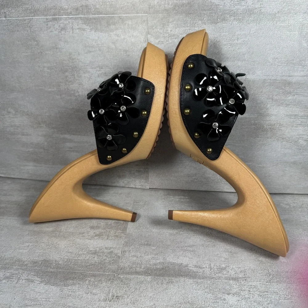 Candie's Gold and Black Floral Studded High Heel Mules - Picture 6 of 10